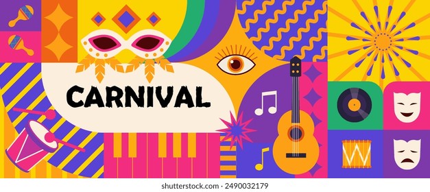 Feliz Anuncio de Carnaval. Afiche geométrico con máscara de carnaval, instrumentos musicales, salpicaduras y Formas abstractas. Fondo festivo para la celebración de vacaciones. Diseño para el evento. Ilustración vectorial plana