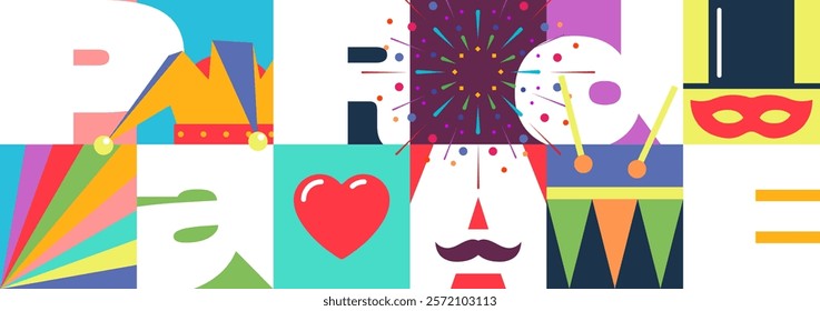 Happy Carnival banner. Geometric poster with carnival mask, musical instruments, splashes and abstract shapes. Festive background for holiday celebration. Design for event. Flat vector illustration