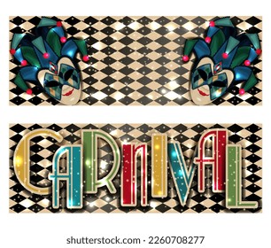 Happy Carnival banners in art deco style with mask Joker , vector illustration