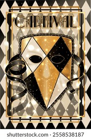 Happy Carnival bauta mask card in art deco style , vector illustration