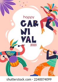 Happy Carnival, Brazil, South America Carnival with samba dancers and musicians. Festival and Circus event design with funny boneless artists, dancers, musicians and clowns. Colorful background with