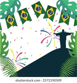 Happy Carnival, Brazil, South America Carnival. Festival and Circus event design with funny artists, dancers, musicians and clowns. Colorful background with splashes