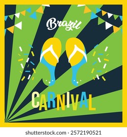 Happy Carnival, Brazil, South America Carnival. Festival and Circus event design with funny artists, dancers, musicians and clowns. Colorful background with splashes