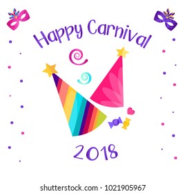 Happy Carnival Card 2018. Colorful hats, candies, mask, and confetti.