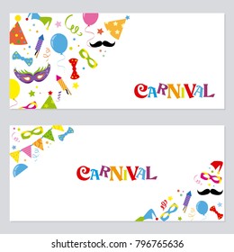 Happy carnival card. Two banners with party icons and white background