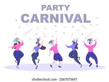 Feliz celebración del Carnaval Ilustración vectorial de fondo. Festival de personas con coloridas fiestas, confetti, baile, música y brillantes disfraces para afiches