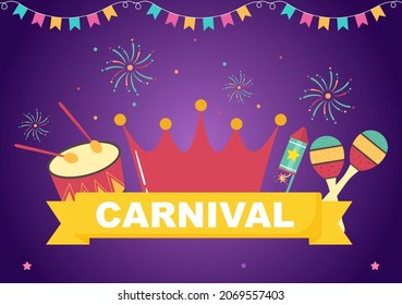 Happy Carnival Celebration Background Vector Illustration. People Festival With Colorful Party, Confetti, Dance, Music and Bright Costumes for Poster