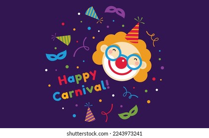 Happy carnival. Colorful background with a clown, masks, and confetti. Carnival, party, Purim. Vector illustration.