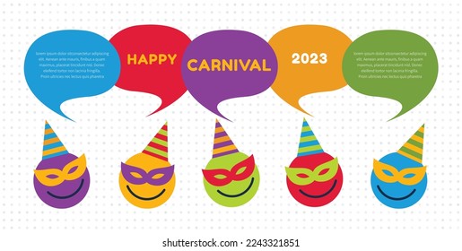 Happy Carnival. Colorful emoji icons with communication speech bubbles. Carnival concept design. Vector illustration.