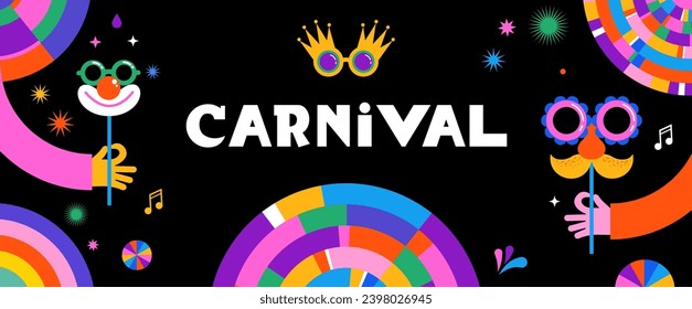 Happy Carnival, colorful geometric background with splashes, speech bubbles, masks and confetti. Vector design