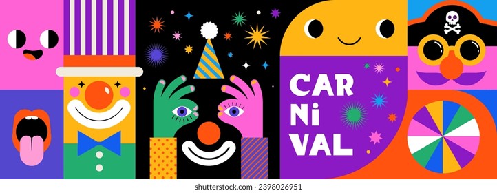 Happy Carnival, colorful geometric background with splashes, speech bubbles, masks and confetti. Vector design