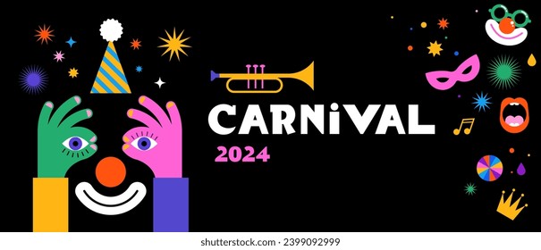 Happy Carnival, colorful geometric background with splashes, speech bubbles, masks and confetti. Vector design