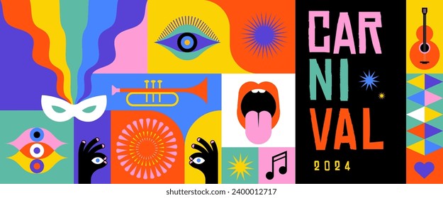 Happy Carnival, colorful geometric background with splashes, speech bubbles, masks and confetti. Vector design