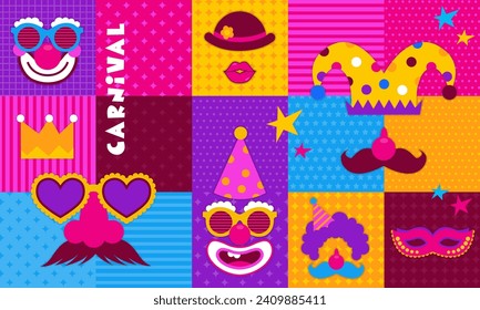 Happy Carnival, colorful geometric background with splashes, speech bubbles, masks and confetti. Vector design