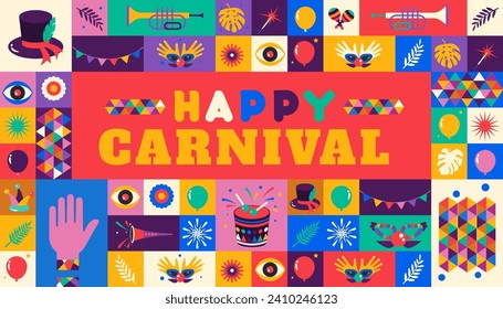 Happy Carnival  colorful geometric background with splashes  speech bubbles  masks and confetti for cover, poster, social media template . vector illustration