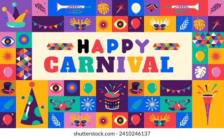 Happy Carnival  colorful geometric background with splashes  speech bubbles  masks and confetti for cover, poster, social media template . vector illustration