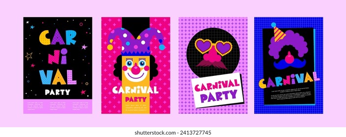 Happy Carnival, colorful geometric background and cards with splashes, speech bubbles, masks and confetti