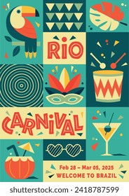 Happy Carnival, colorful geometric design. Rio Carnival poster in retro style with mask, garland, toucan, drum, cocktail glass. Vector template with Party Elements. Brazilian Rhythm, Dance and Music