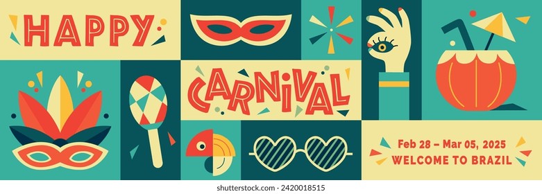 Happy Carnival, colorful geometric design. Rio Carnival poster in retro style with mask, maracas, cocktail, sunglasses. Vector template with Party Elements. Brazilian Rhythm, Dance and Music