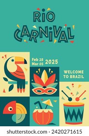 Happy Carnival, colorful geometric design. Rio Carnival poster in retro style with masquerade mask, toucan, drum, cocktail. Vector template with Party Elements. Brazilian Rhythm, Dance and Music