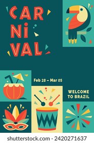 Happy Carnival, colorful geometric design. Rio Carnival poster in retro style with masquerade mask, toucan, drum, cocktail Vector template with Party Elements. Brazilian Rhythm, Dance and Music