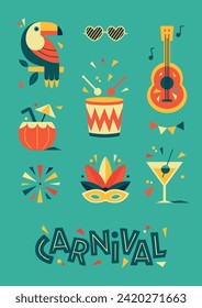 Happy Carnival, colorful geometric design. Rio Carnival poster in retro style with masquerade mask, toucan, drum, cocktail Vector template with Party Elements. Brazilian Rhythm, Dance and Music