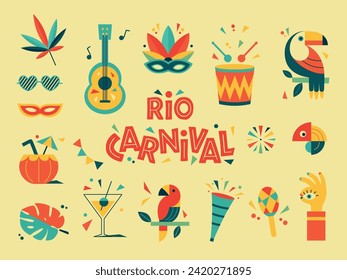 Happy Carnival, colorful geometric design. Rio Carnival set in retro style with mask, garland, toucan, drum, guitar, cocktail glass. Vector Party Elements. Brazilian Rhythm, Dance and Music