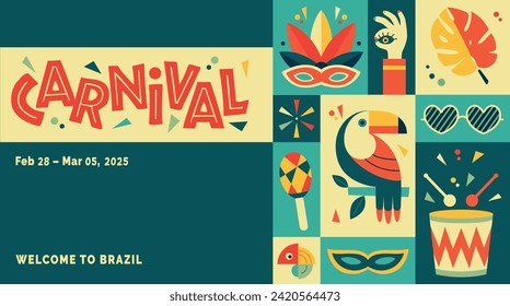 Happy Carnival, colorful geometric design. Rio Carnival poster in retro style with mask, garland, toucan, drum, cocktail glass. Vector template with Party Elements. Brazilian Rhythm, Dance and Music