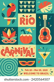 Happy Carnival, colorful geometric design. Rio Carnival poster in retro style with mask, garland, toucan, drum, cocktail glass. Vector template with Party Elements. Brazilian Rhythm, Dance and Music