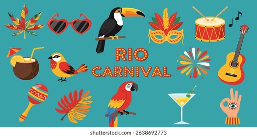 Happy Carnival, colorful geometric design. Rio Carnival set in retro style with mask, garland, toucan, drum, guitar, cocktail glass. Vector Party Elements. Brazilian Rhythm, Dance and Music