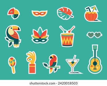 Happy Carnival, colorful geometric stickers. Rio Carnival set in retro style with mask, garland, toucan, drum, guitar, cocktail glass. Vector Party Elements. Brazilian Rhythm, Dance and Music