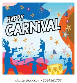 Happy Carnival concept. South America Carnival with samba dancers and musicians. Festival and Circus event design with funny artists, dancers, musicians and clowns. Flat vector modern illustration  