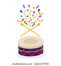 Happy Carnival. Drum and drum sticks with exploding confetti. Carnival party banner. Vector illustration, flat design