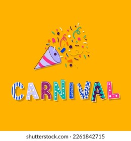 Happy Carnival. Exploding party popper with confetti. Carnival party banner. Vector illustration, flat design