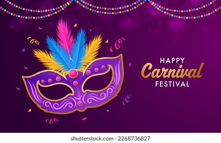 Happy Carnival Festival Banner Design With Party Feather Mask, Confetti On Purple Background.