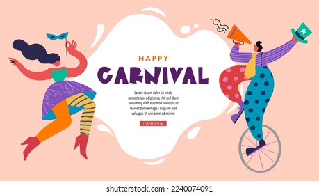 Feliz Carnaval, Festival y Circo diseño de eventos con divertidos artistas, bailarines, músicos y payasos. Arte callejero, diseño de concepto de carnaval. Fondo colorido con salpicaduras y confeti 