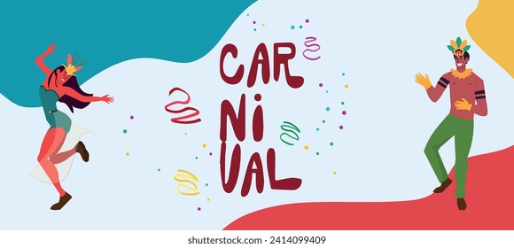 Happy Carnival, Festival and Circus event design with funny artists, dancers, musicians and clowns. Street art, carnival concept design. Colorful background with splashes and confetti