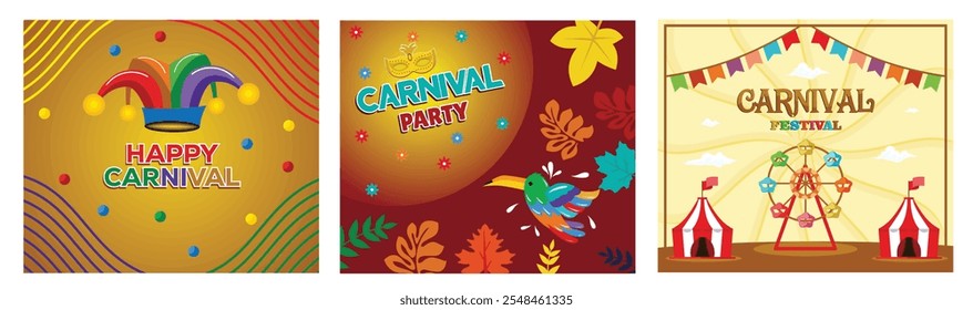 Happy Carnival, Festival and Circus event. Brazilian Carnival Celebration Concept. Carnival funfair concept with amusement park. Set flat vector modern illustration 