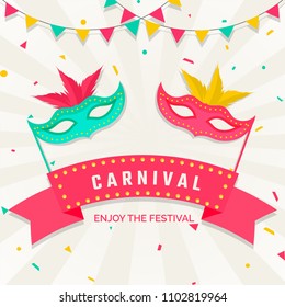 Happy carnival festive  banner or poster with colorful masquerade masks and bunting flags.