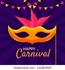 Happy carnival festive  banner or poster with golden masquerade and bunting flags on rays background.