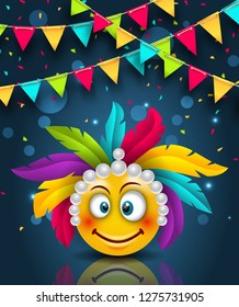 Happy Carnival Festive Banner, Smile Emoji with Headdress - Illustration Vector