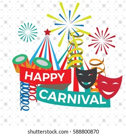 Happy Carnival Festive Concept with Drum Masks and Fireworks Isolated on White Pattern Background