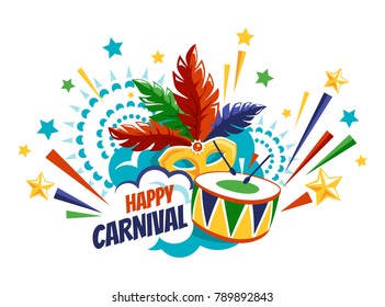 Happy Carnival Festive Concept with Drum Mask and Fireworks Isolated on White Background