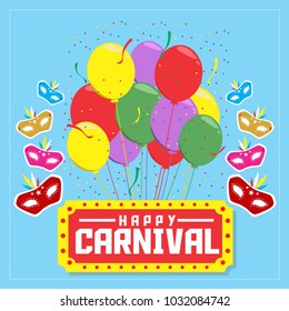 Happy Carnival Festive Concept with Mask And Colorful Ballons on Blue Background