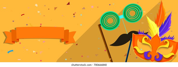 Happy carnival festive concept with masks on yellow background.