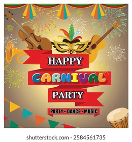 Happy Carnival Festive Concept with Musical Trumpet Mask Lips Jester Hat Bunting and Confetti. Flat vector modern illustration 