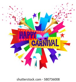 Happy carnival festive concept with musical trumpet, mask, lips and confetti isolated on white background