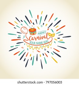 happy Carnival Festive Concept with Musical Trumpet Bunting and Confetti Isolated on vintage background.
