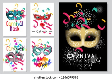 Happy carnival festive concept set. Collection of color mask, lips,ribbons,eyelash and confetti. For poster,placard,wallpaper,backdrop and web site. Vector illustration. 