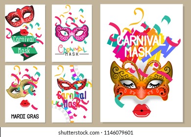 Happy carnival festive concept set. Collection of color mask, lips,ribbons,eyelash and confetti. For poster,placard,wallpaper,backdrop and web site. Vector illustration. 